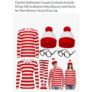 Cloivilet Halloween Couple Costume Set Red White Stripe Where's Waldo